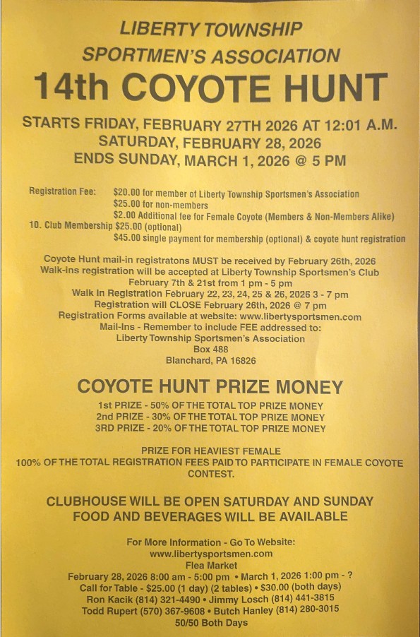 Coyote Hunt Walk in sign up @ Liberty Township Sportsmen's Clubhouse